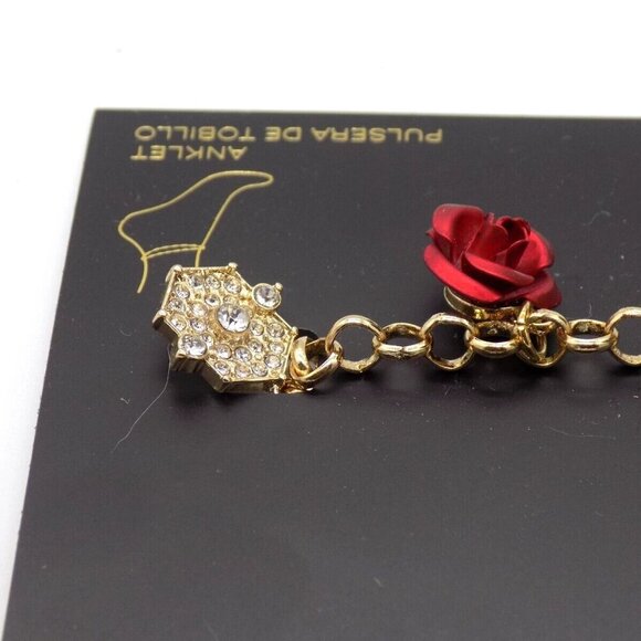 Thalia Sodi Anklet Faux Pearl Bee Red Flower Gold-tone Crystals 9" +1.5" ext. - Picture 3 of 5